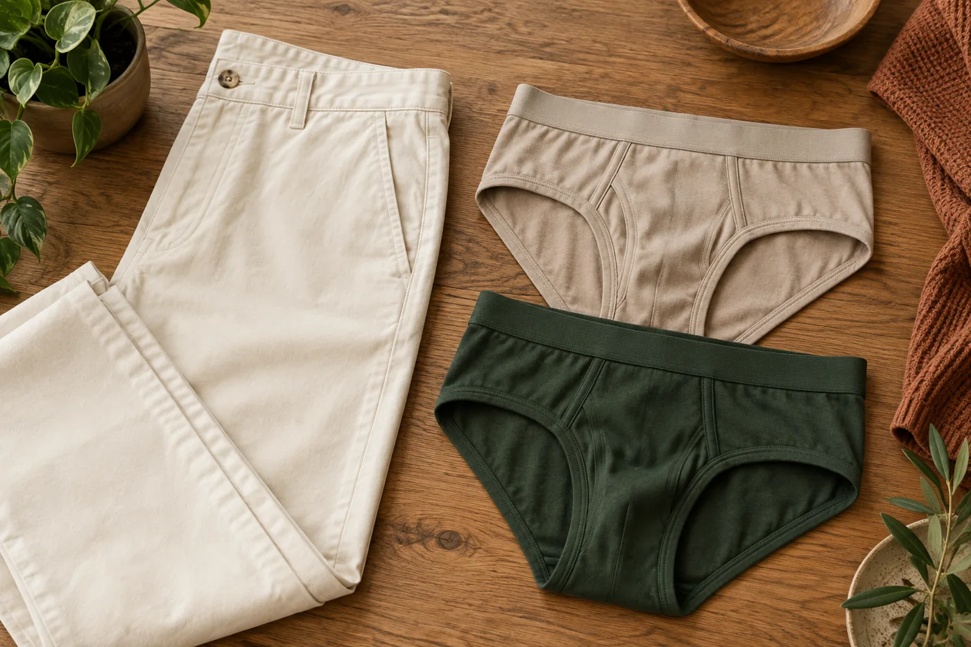 Ljusa byxor bredvid beige och gröna briefs